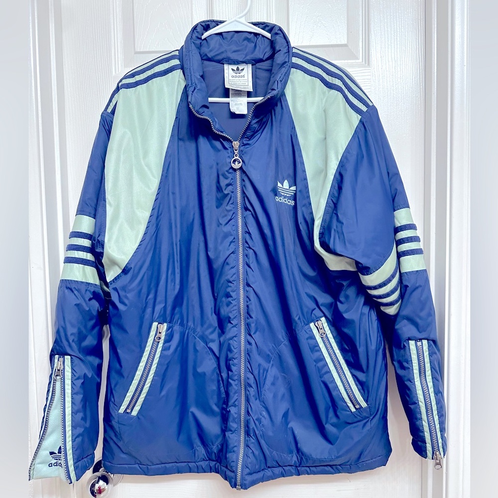 Vintage 90s Adidas Big Logo Trefoil Spellout Hooded Puffer Jacket Size M